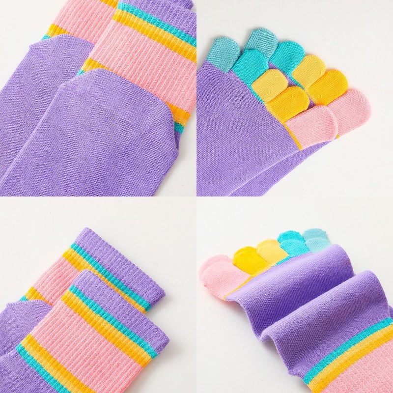 Antcher Girls Seamless Socks Rainbow Stripes Five Finger Cotton Toe Socks Kids School Crew Socks 6 Pack - Image 4
